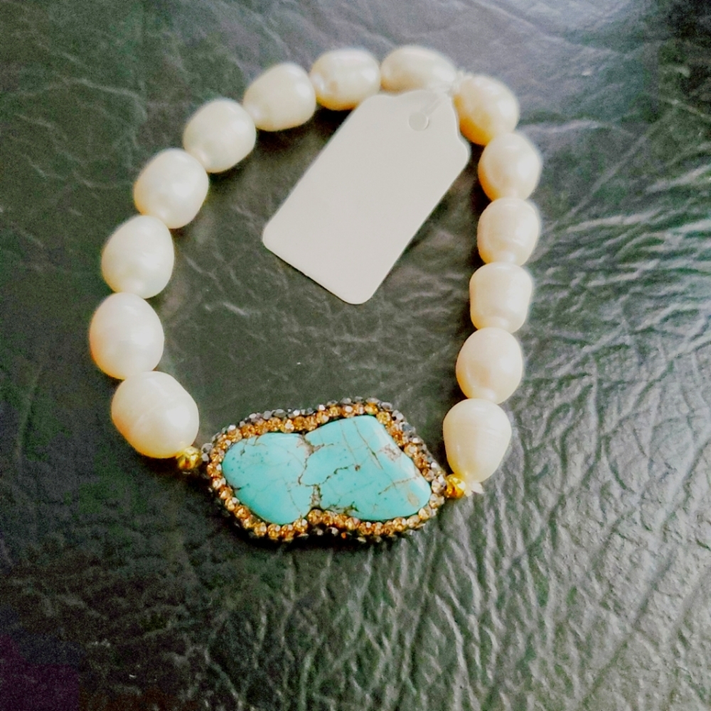 Turquoise Baroque Ringed Pearl Pave Swarovski Crystal Stretch Bracelet